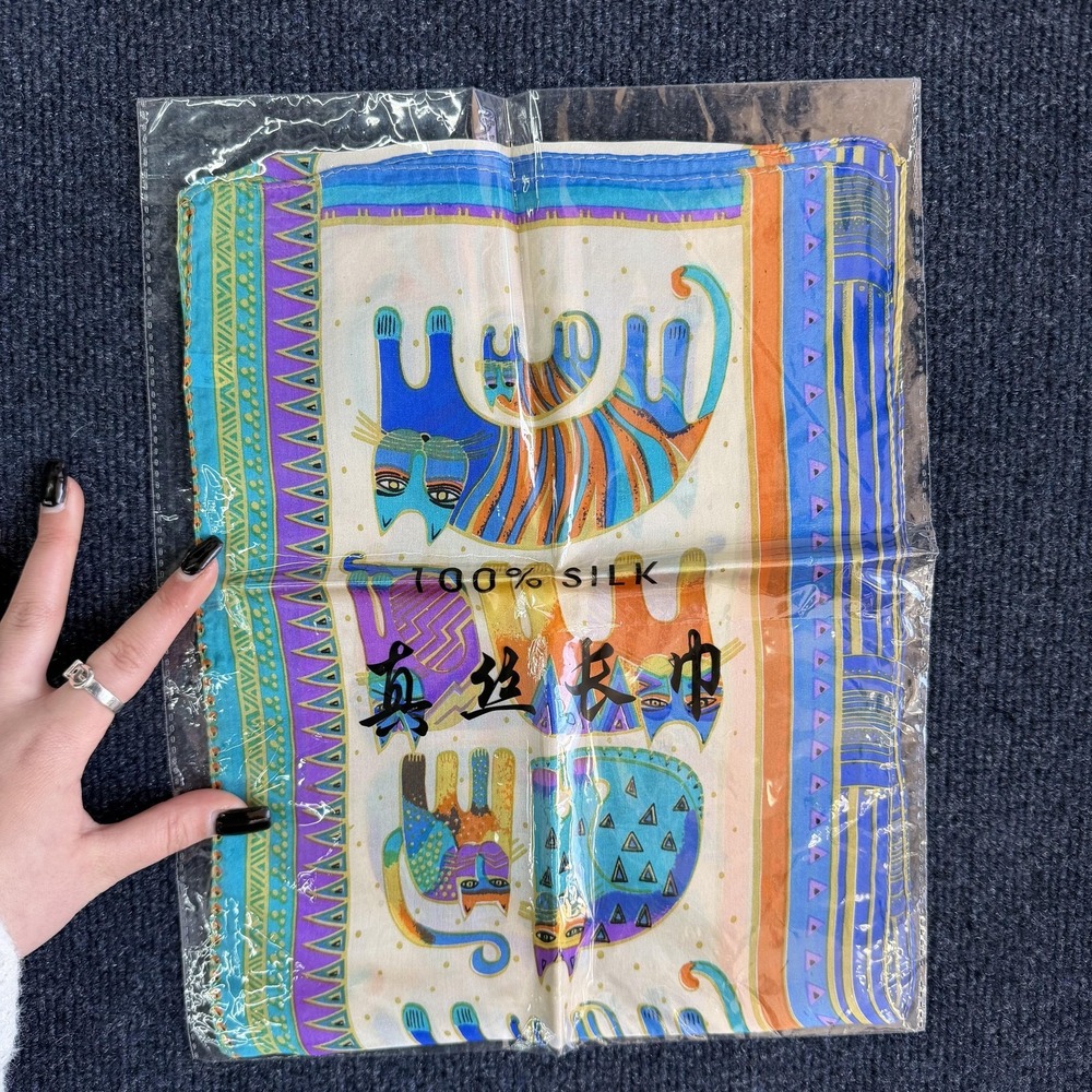 Rectangle Scarf Womens One Size Multicolor Silk Whimsical Cat Print Satin